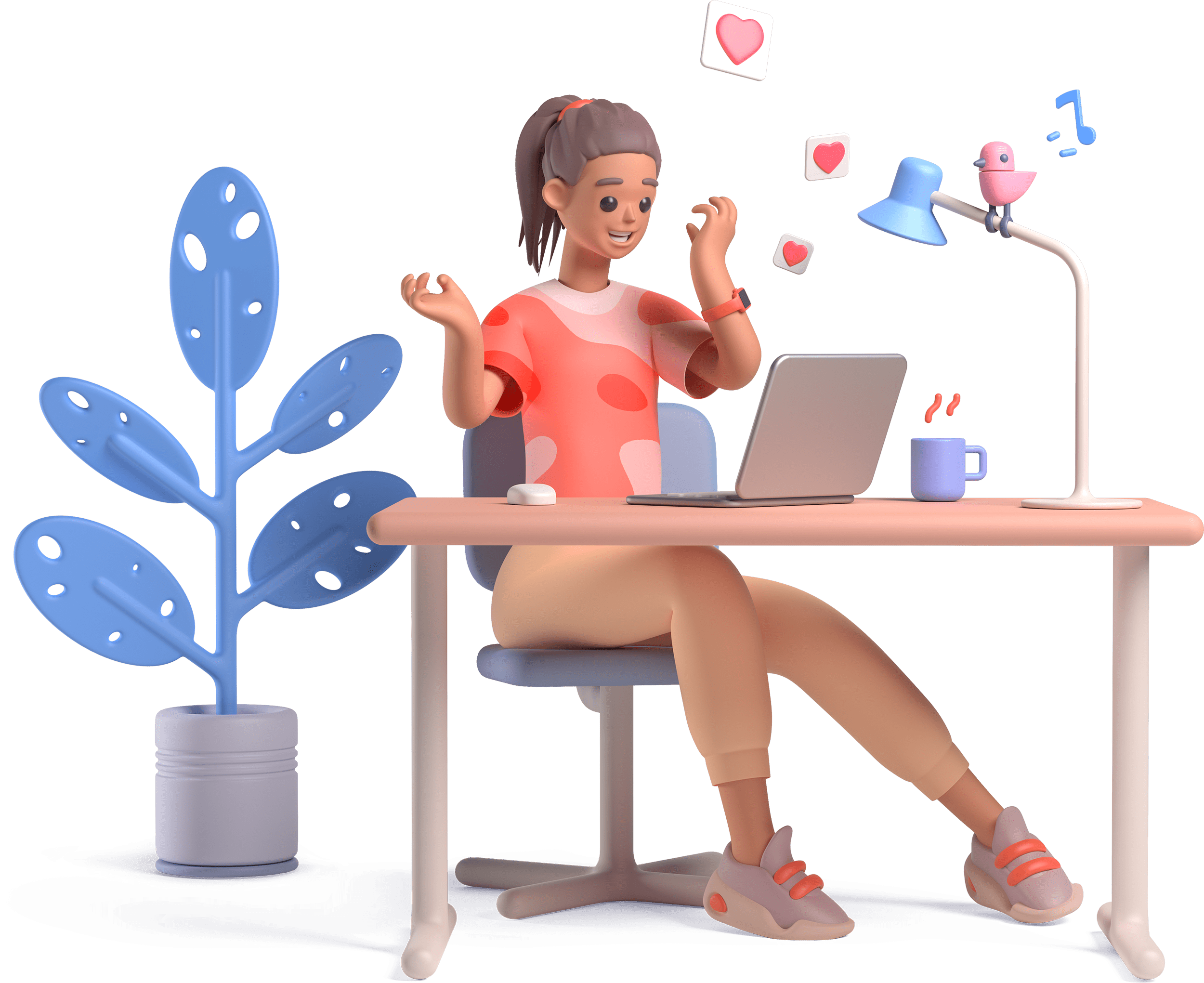 3D style illustration of someone sat at their desk looking at their laptop (a happy image with floating hearts and a cute singing bird)